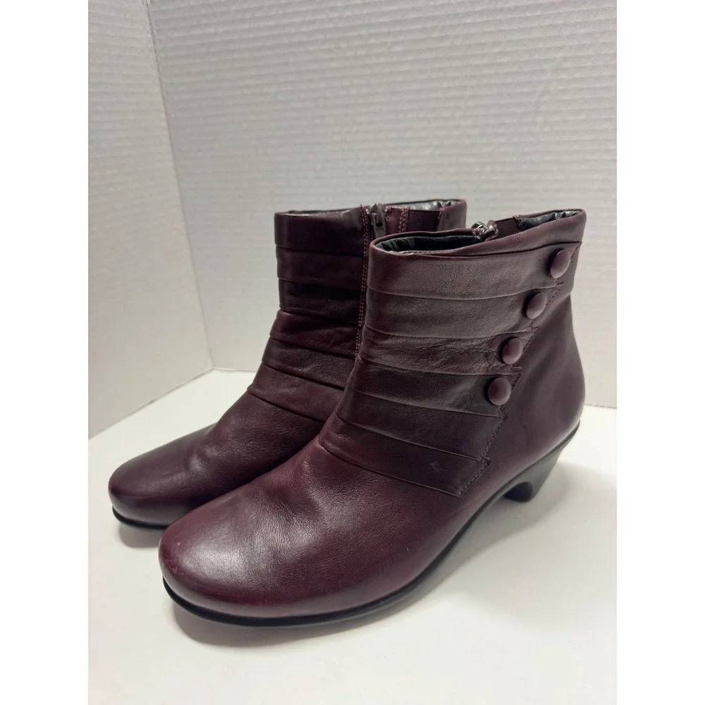 Naot‎ Burgundy Leather Pleated Button Ankle Boots Zipper Block Heel 39 8